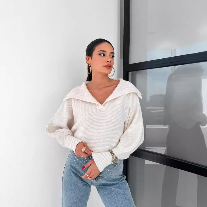 Women's Oversize Rib Sweater with Lapel Collar and Deep V-Neck Mune Fashion