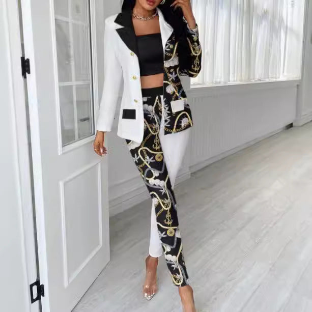 Women Asymmetric Houndstooth Tailoring Set with Two-Tone Half Detailing Mune Fashion