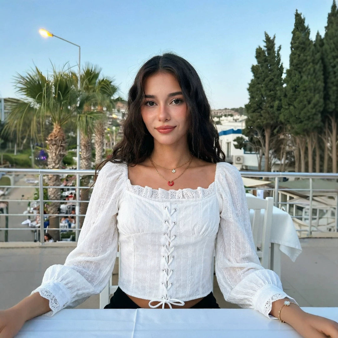 Ladies corset top in broderie look with lacing and puff sleeves Mune Fashion