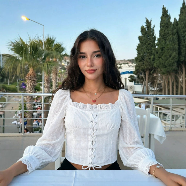 Ladies corset top in broderie look with lacing and puff sleeves Mune Fashion