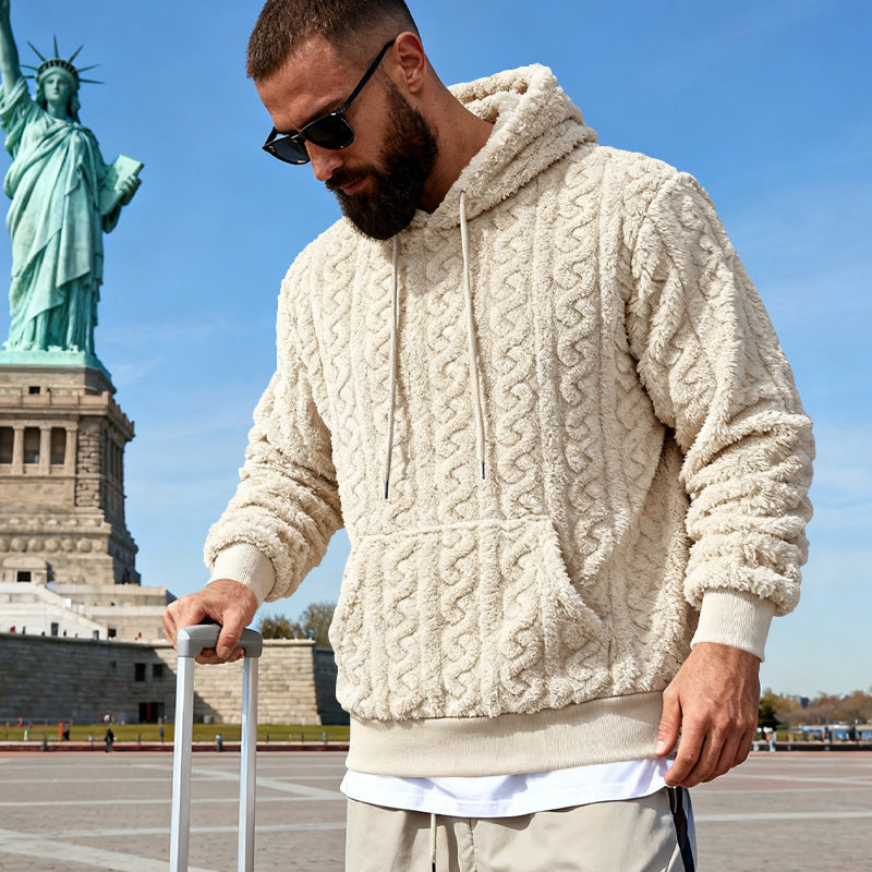 Men's Cozy Sherpa Hoodie with Cable Knit Pattern, Kangaroo Pocket and Ribbed Cuffs Mune Fashion