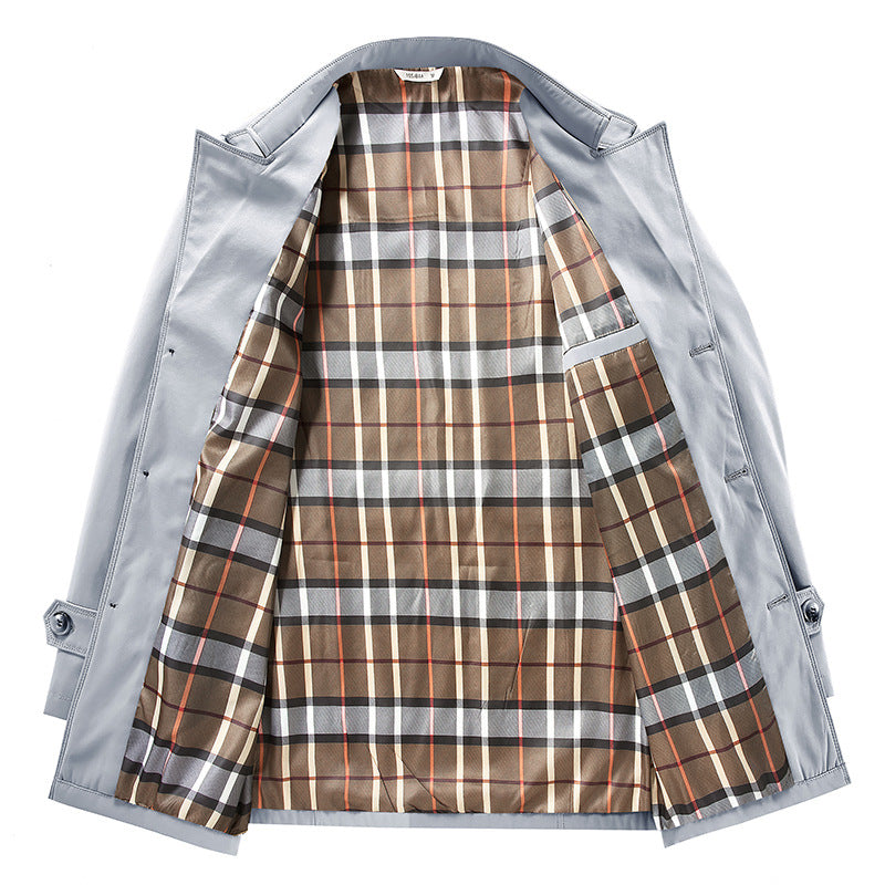 Men's short trench coat in classic style with checked inner lining, shoulder flaps, and flap pockets Mune Fashion