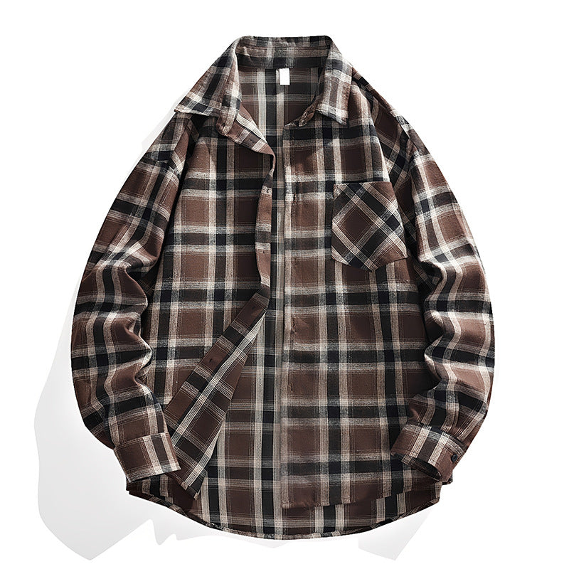 Men's Oversized Checked Flannel Shirt Jacket with Breast Pocket & Rounded Hem Mune Fashion