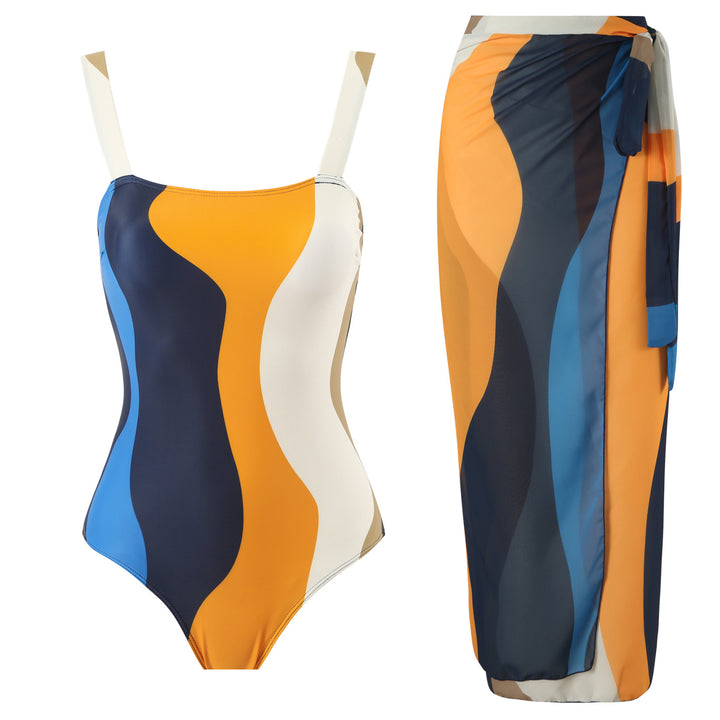 Women's One-Piece Swimsuit with Modern Wave Pattern Mune Fashion