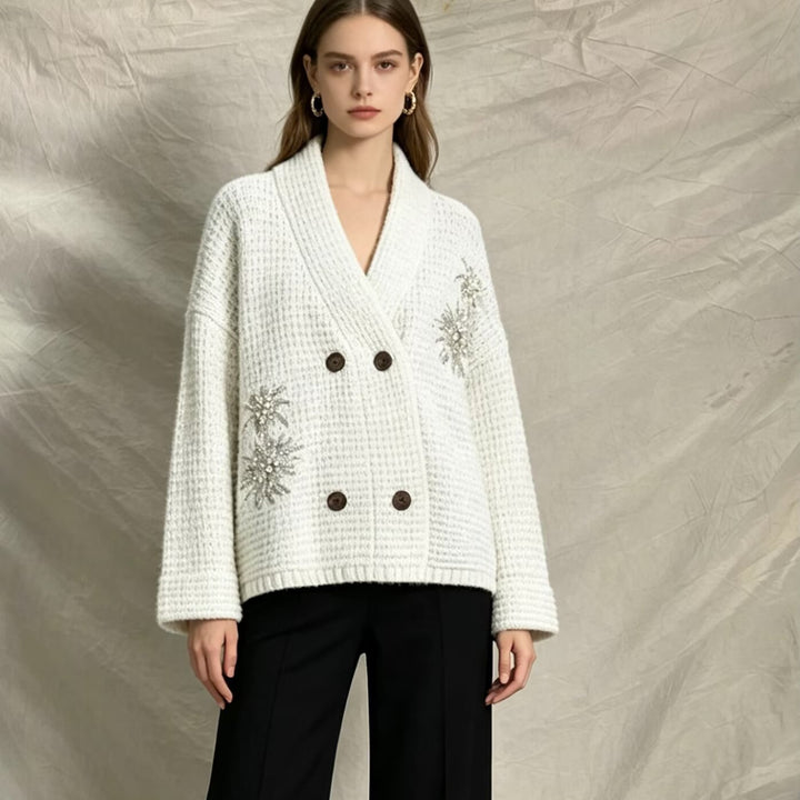 Women's Waffle Knit Cardigan with Double-Breasted Button Placket and Decorative Application Mune Fashion