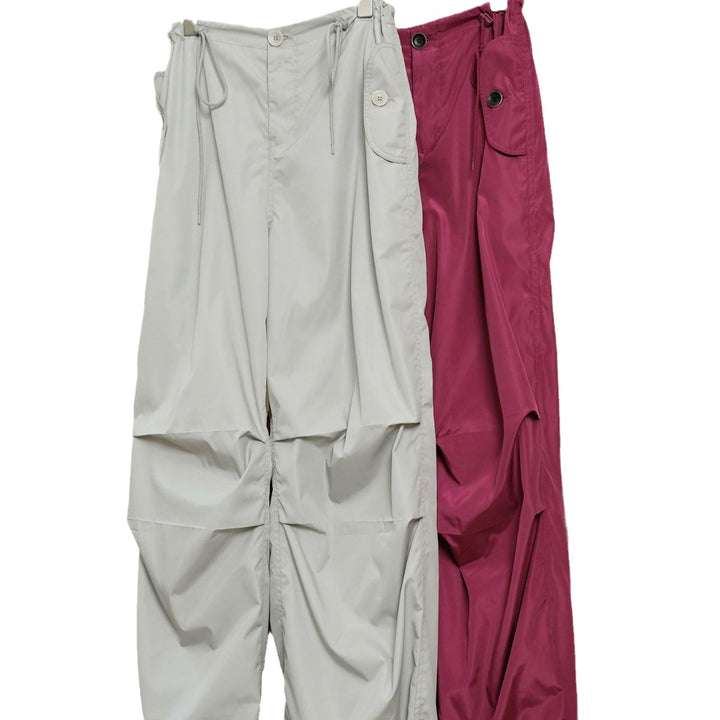 Women's Extra Wide Nylon Cargo Pants with Drawstring Waist and Attached Pockets Mune Fashion