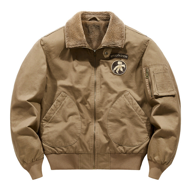 Men's  shearling-collar aviator bomber jacket with utility sleeve pocket Mune Fashion