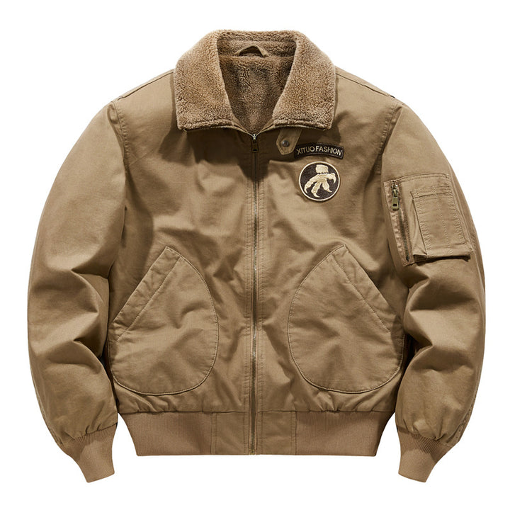 Men's  shearling-collar aviator bomber jacket with utility sleeve pocket Mune Fashion