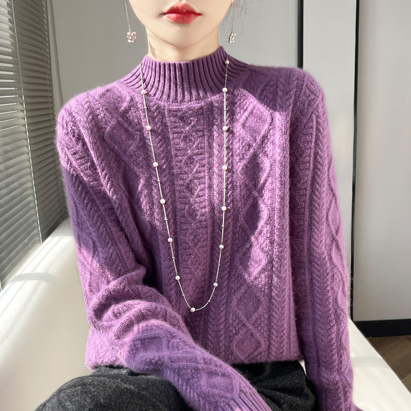Women's cable-knit mock neck sweater with fine ajour detail and fluffy cashmere look Mune Fashion
