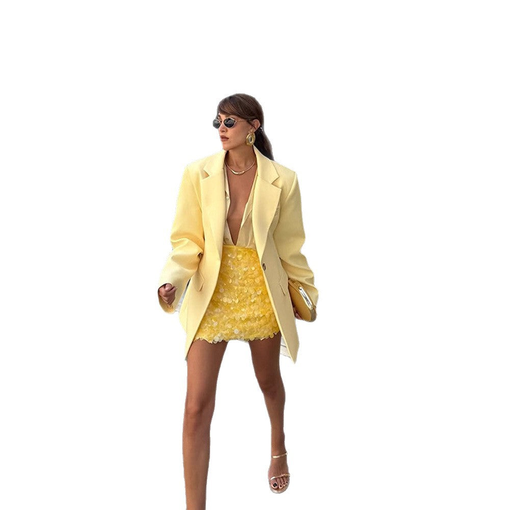 Women's Two-Piece Blazer Set with Oversized Jacket and 3D Flower Mini Skirt Mune Fashion