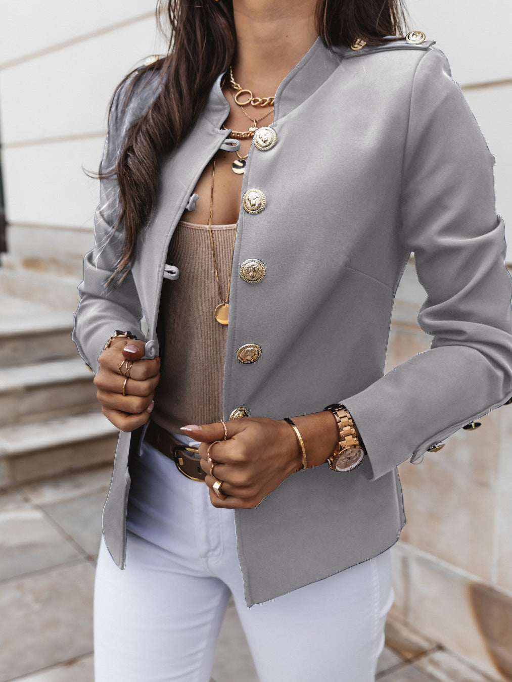 Women's military blazer with stand-up collar and decorative gold buttons Mune Fashion