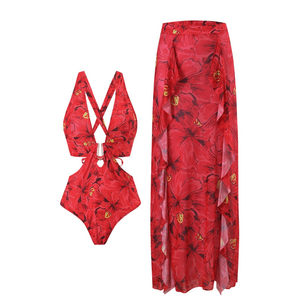 Women's swimsuit with floral accents and matching wrap skirt Mune Fashion
