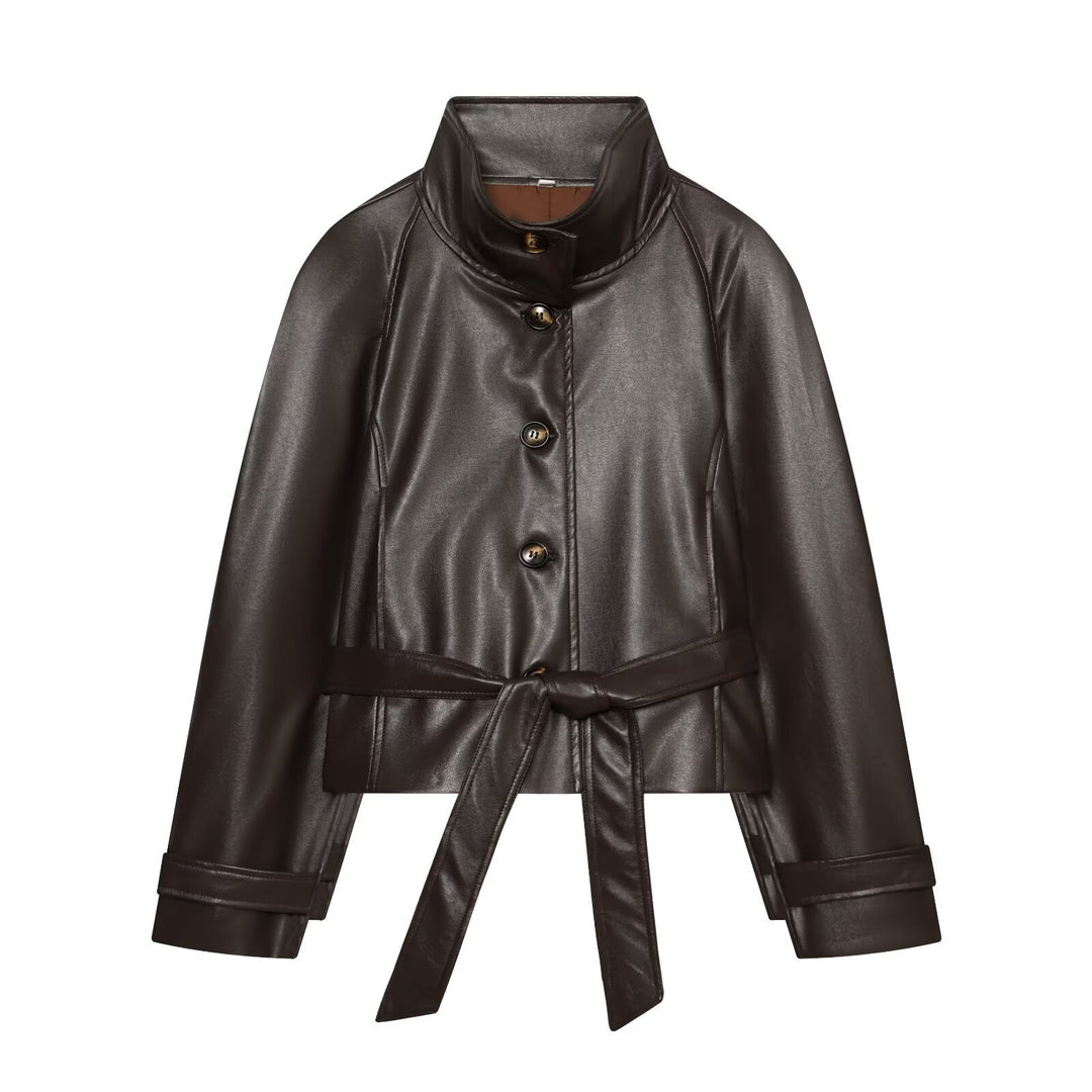 Women's Tailored Cropped Vegan Leather Jacket with Stand Collar and Tie Belt Mune Fashion