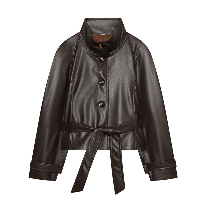 Women's Tailored Cropped Vegan Leather Jacket with Stand Collar and Tie Belt Mune Fashion
