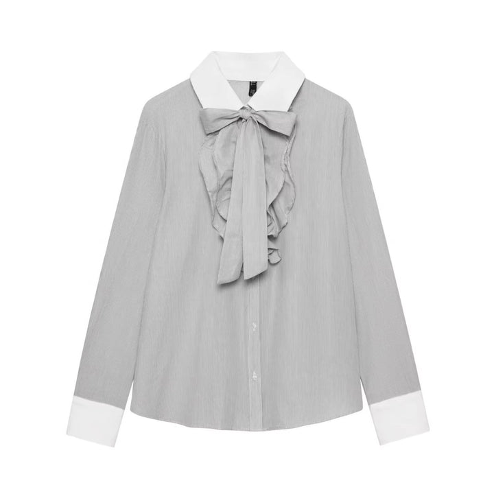 Ladies Striped Blouse with Bow Collar, Ruffle Front and Contrast Cuffs Mune Fashion