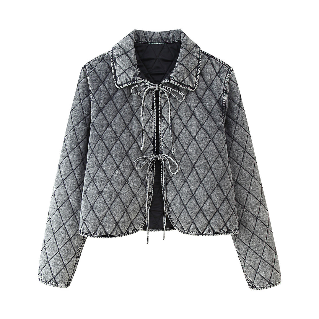 Women nan casual quilted denim look short jacket with diamond pattern and ties Mune Fashion