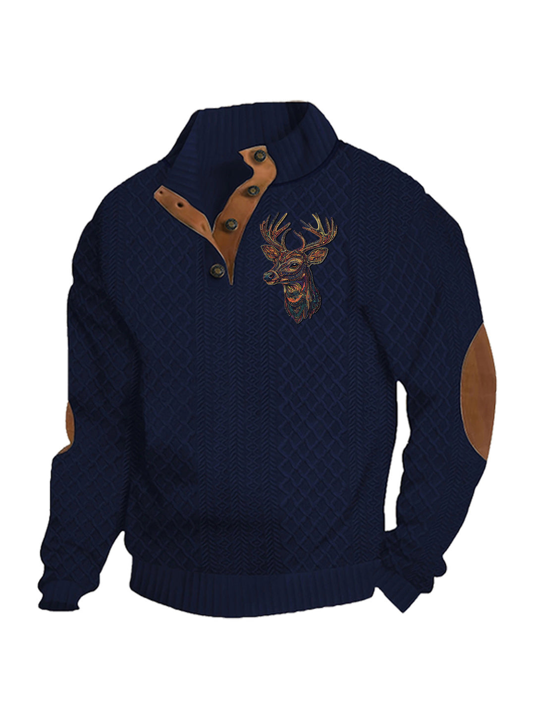 Men's nan Heritage textured pullover with stand-up collar faux leather trim elbow patches and half-button placket Mune Fashion