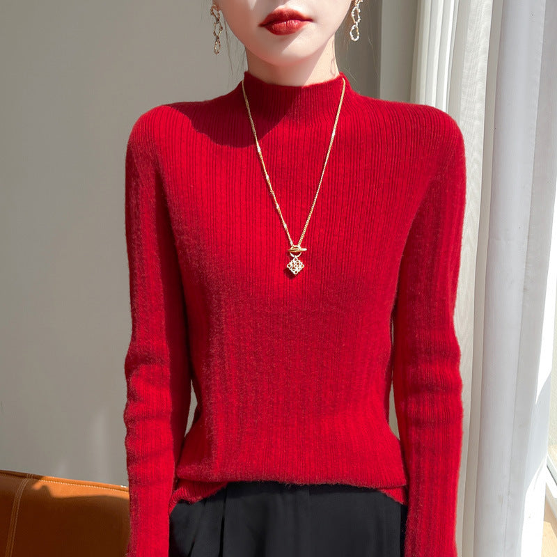 Women's slim-fit fine knit pullover with a short standing collar and fine ribbed texture Mune Fashion