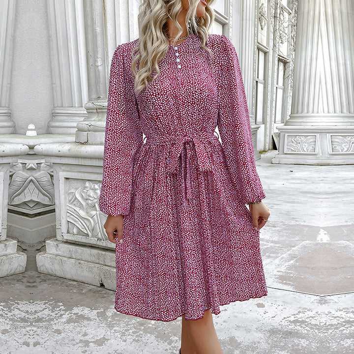 Women's midi dress with stand-up collar, waist belt, and long sleeves Mune Fashion