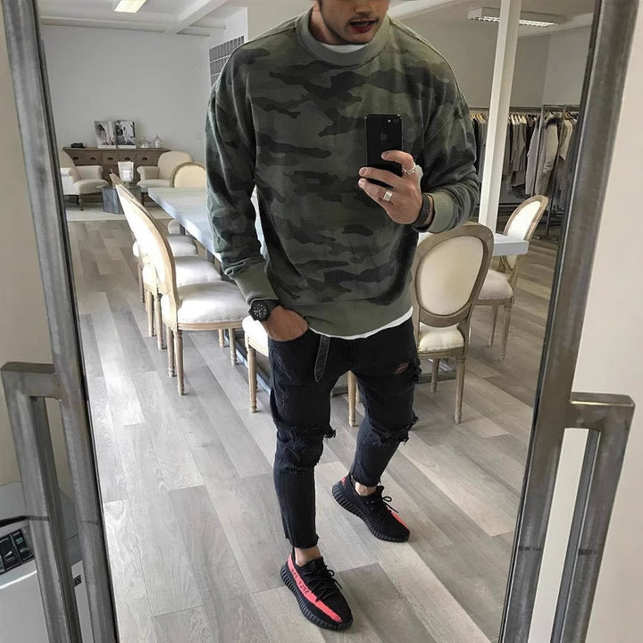 Men's Oversized Camouflage Sweatshirt with Crew Neck and Ribbed Cuffs Mune Fashion