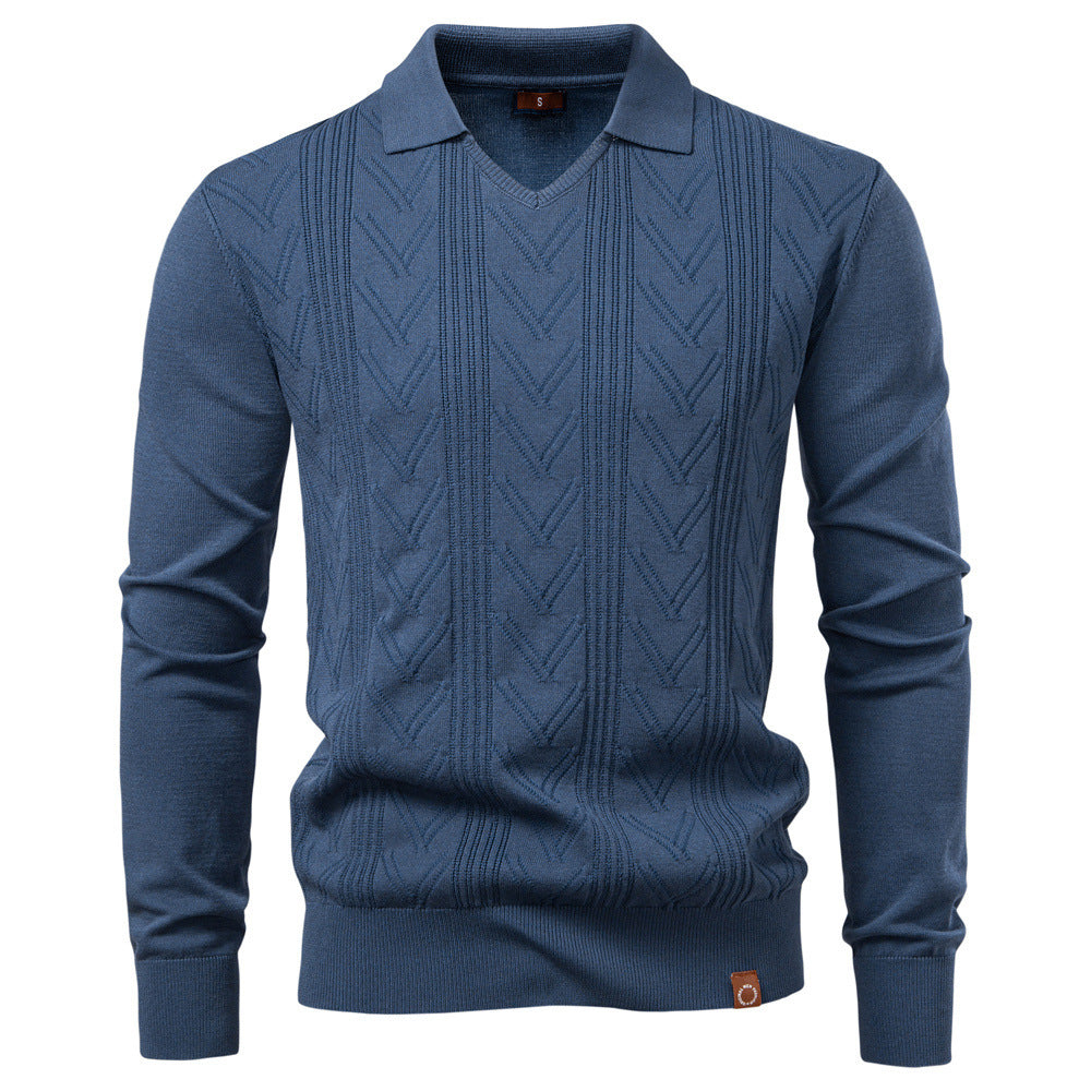 Men's fine knit polo sweater with V-neck, zigzag pattern and Kent collar Mune Fashion