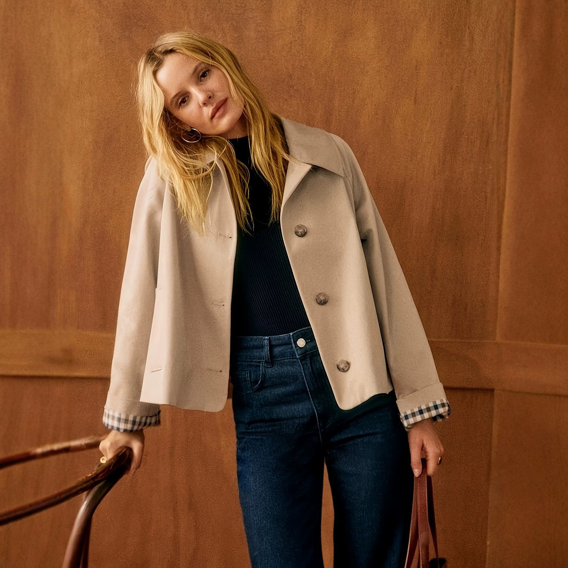 Women's Boxy Short Coat with Oversized Lapels and Check Cuffs Mune Fashion
