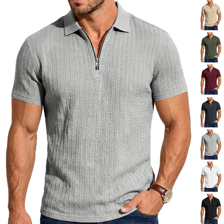 Men's short sleeve knitted polo shirt with zipper and cable knit structure Mune Fashion