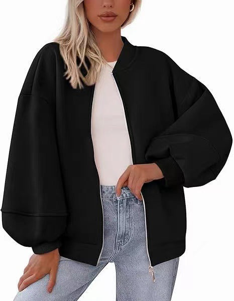 Women's Oversize Bomber Jacket with Balloon Sleeves and Zipper