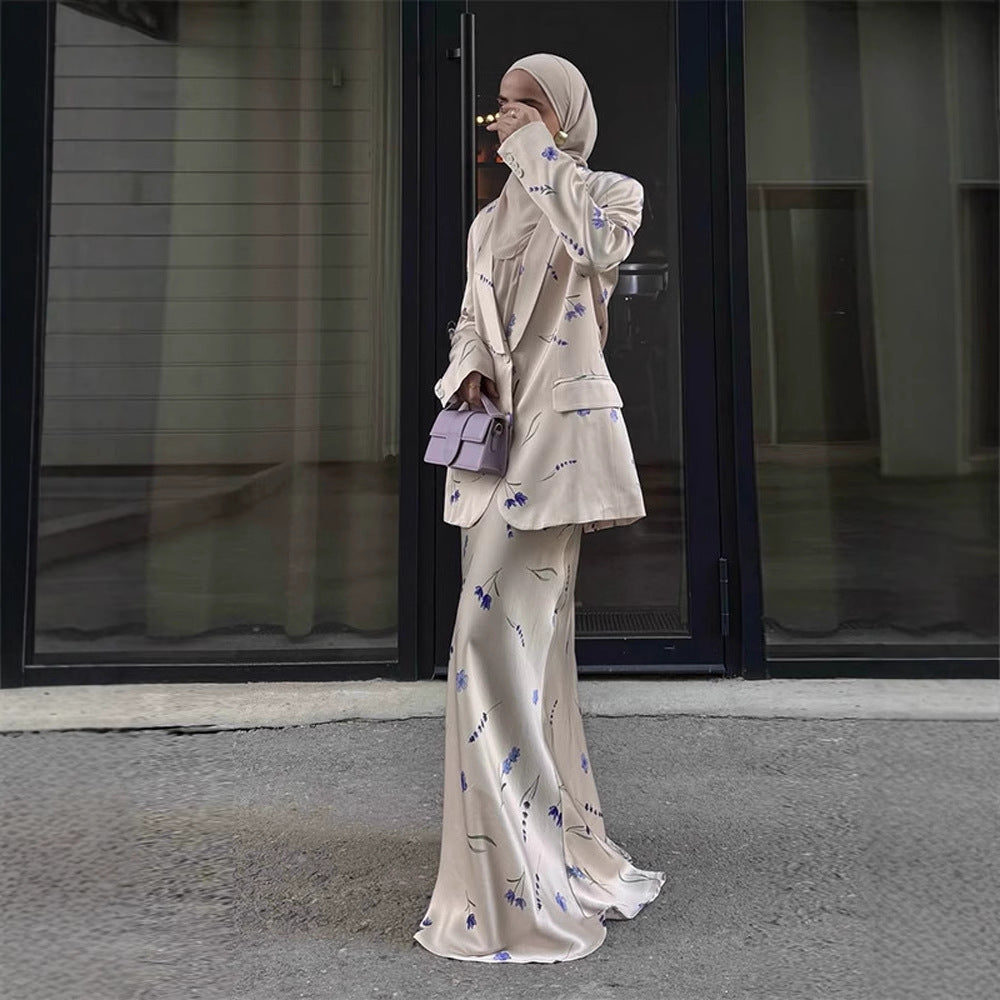 Women's Two-Piece Satin Suit with Floral Maxi Skirt and Oversized Blazer Mune Fashion