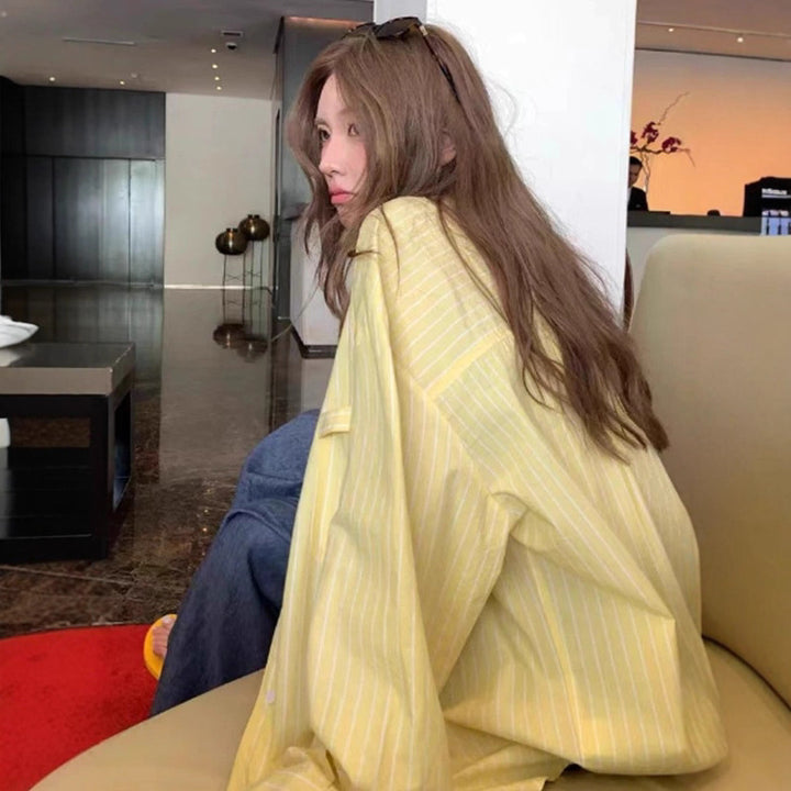 Women Wide Stripe Boxy Shirt with Extended Back Hem and Chest Pocket Mune Fashion