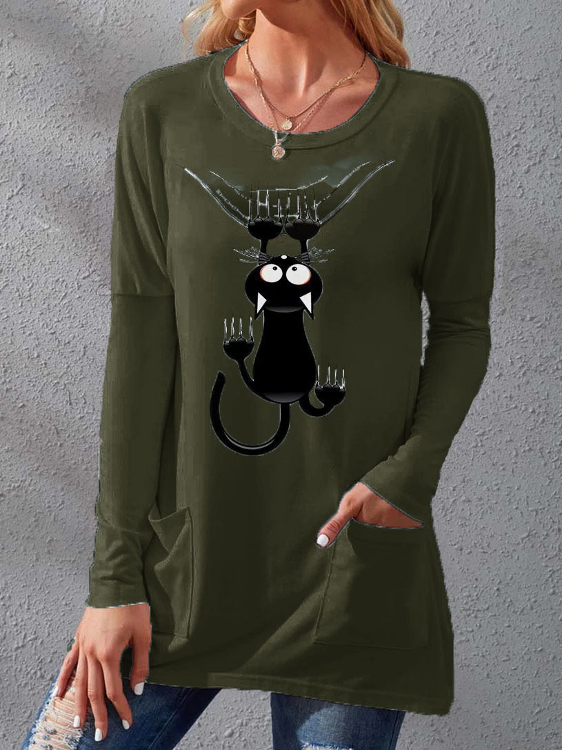 Women’s Longer Cotton Blend Tunic Shirt with Cartoon Cat Print and Side Pockets Mune Fashion