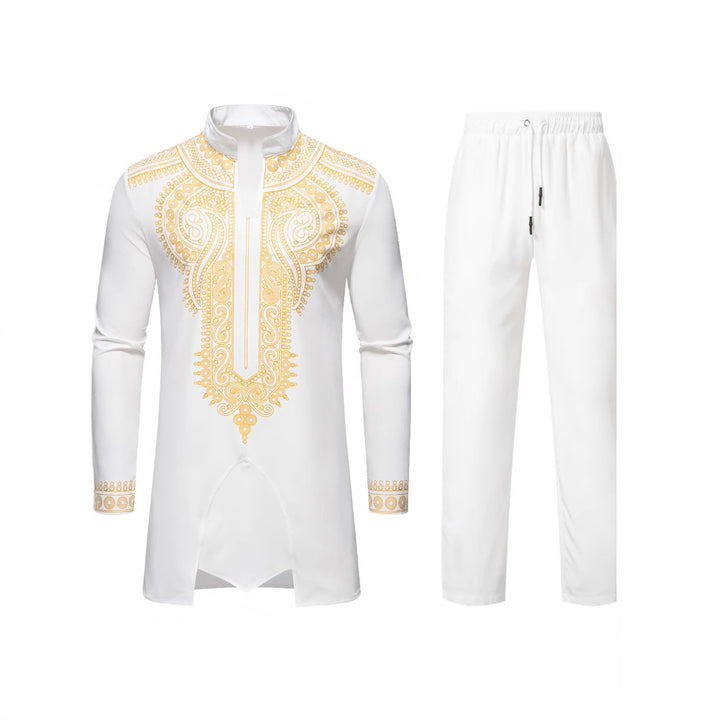 Men's Traditional Embroidered Tunic Set with Mandarin Collar and Elastic Pants Mune Fashion