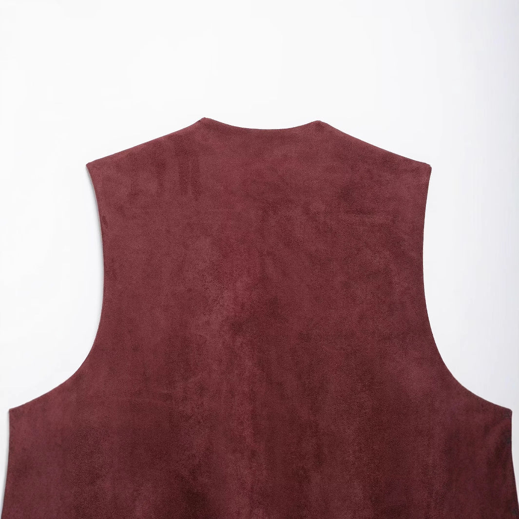 Women's Sleeveless Suede-Look Vest with Floral Appliqué Mune Fashion