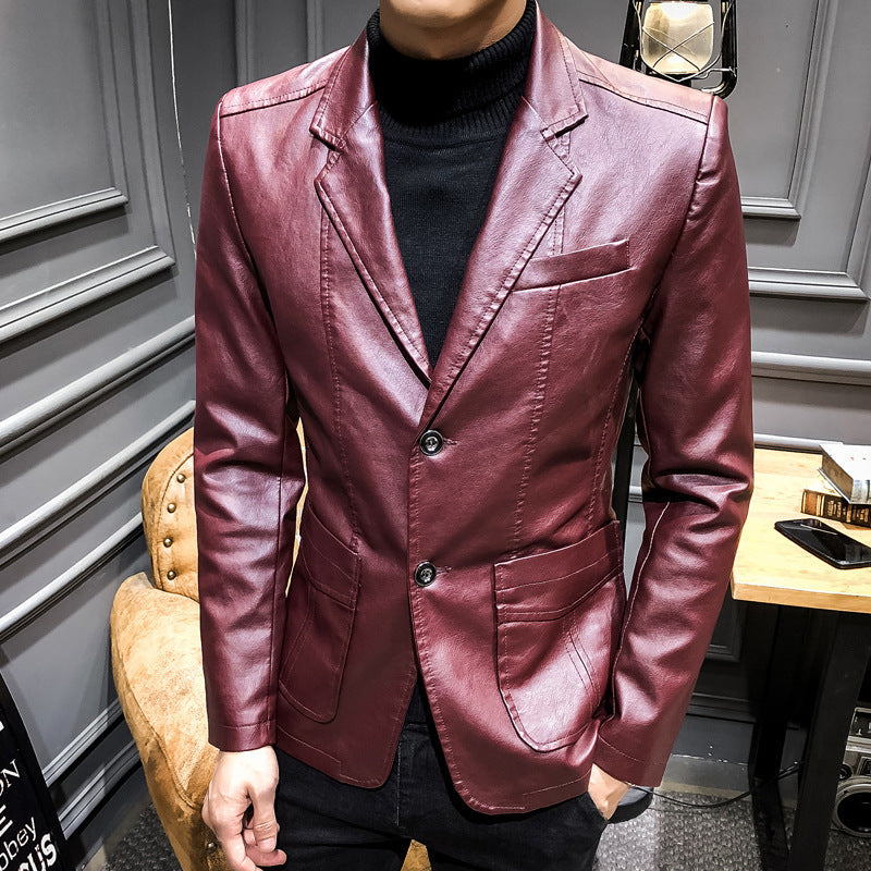 Men's Leather Blazer in Slim Fit with Notch Lapel and Two-Button Front Mune Fashion