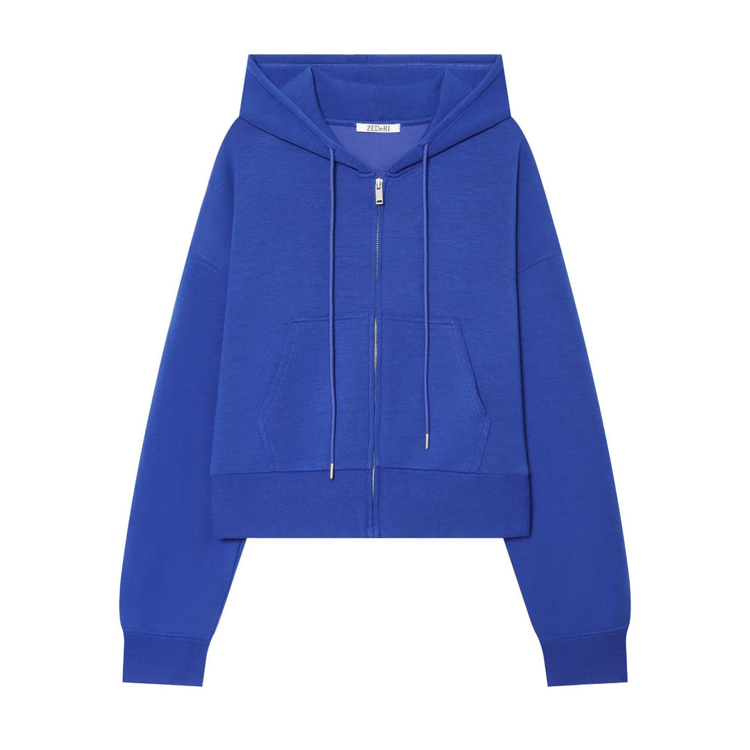 Women's Cropped Sweat Jacket with Metal Zip, Kangaroo Pocket and Oversized Hood Mune Fashion