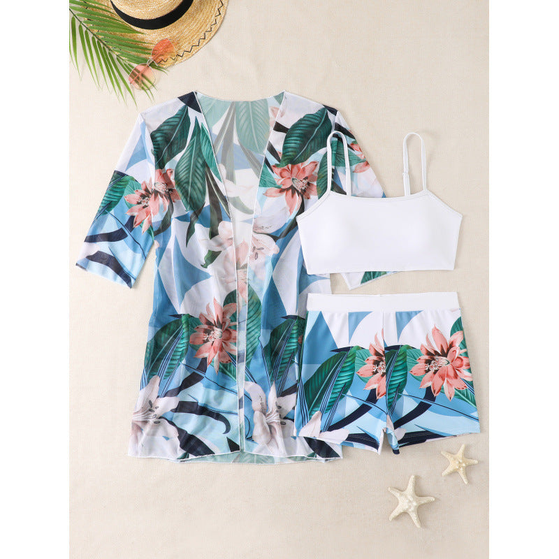Women's Swimwear Set with Floral Pattern Print and Airy Wrap Jacket Mune Fashion