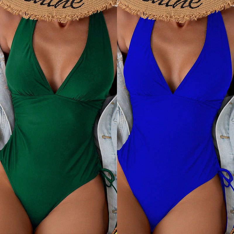 Women's One-Piece Swimsuit with Deep V-Neck and Adjustable Side Ties Mune Fashion