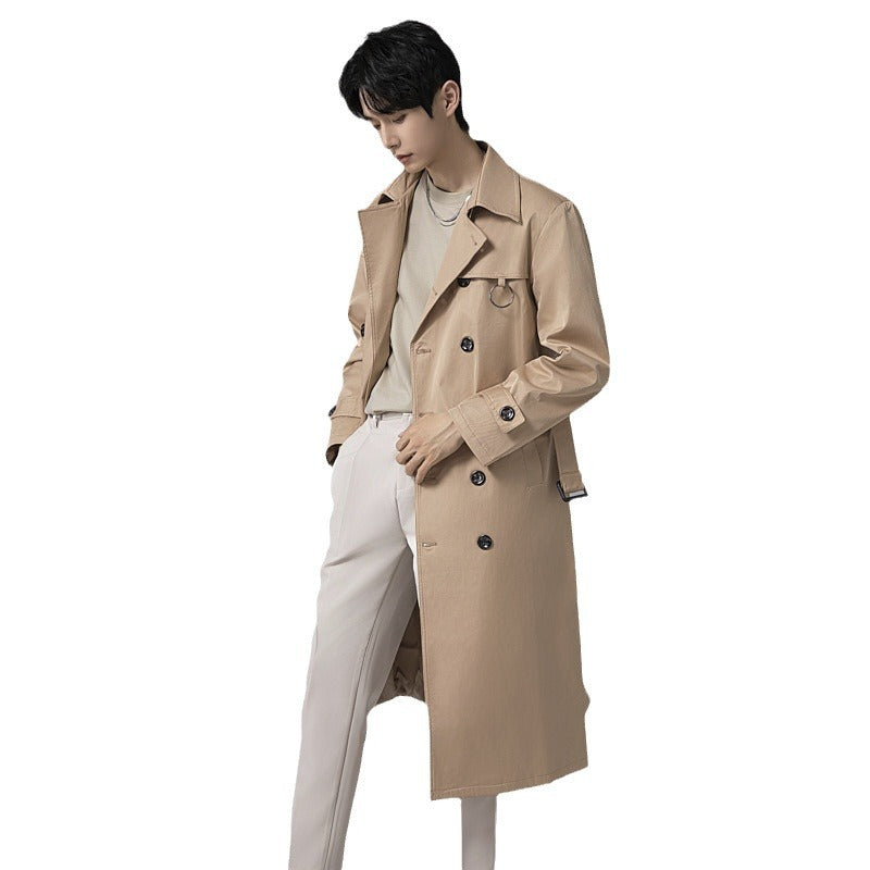 Men's Modern Tech Trench Coat with Double-Breasted Button Placket, Tie Belt and Subtle Ring Details Mune Fashion
