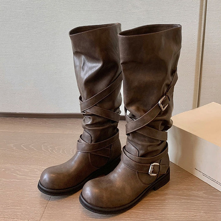 Women's Knee-High Biker Boots in Leather-Look with Adjustable Buckles Mune Fashion