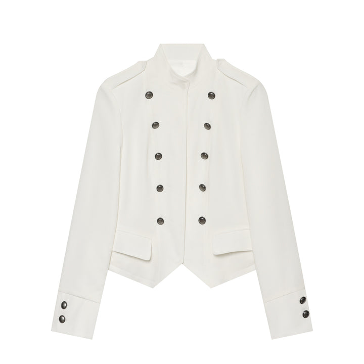 Women Short Military-Inspired Double-Breasted Jacket with Stand Collar and Flap Pockets Mune Fashion