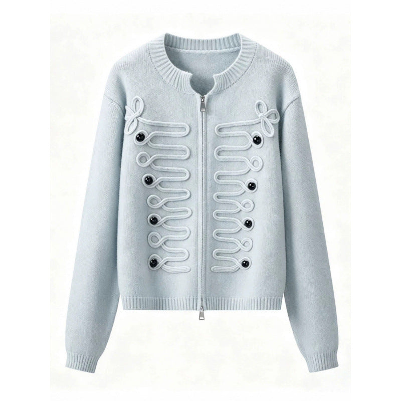 Women's short-cut knitted cardigan with decorative cord applications and two-way zipper Mune Fashion