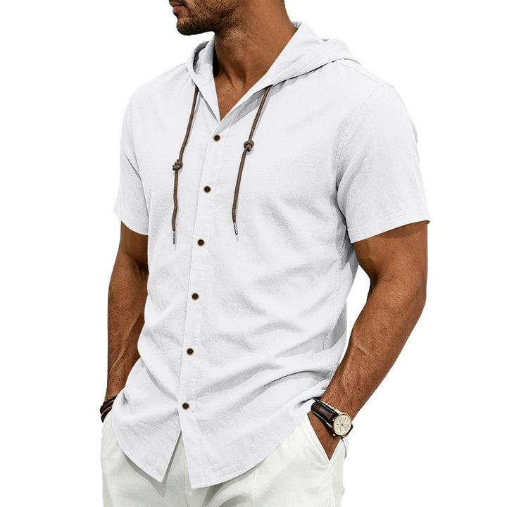 Men's short-sleeve hooded shirt in linen look with button placket and drawstring Mune Fashion