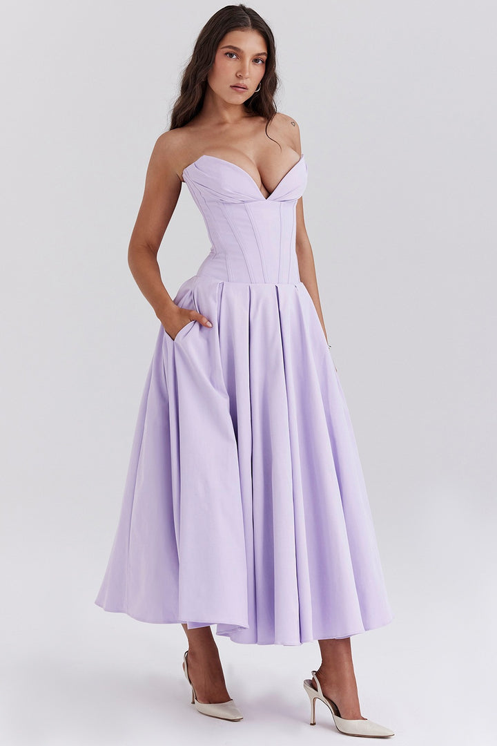 Women's strapless corset midi dress with pre-shaped bodice construction and flared circle skirt Mune Fashion