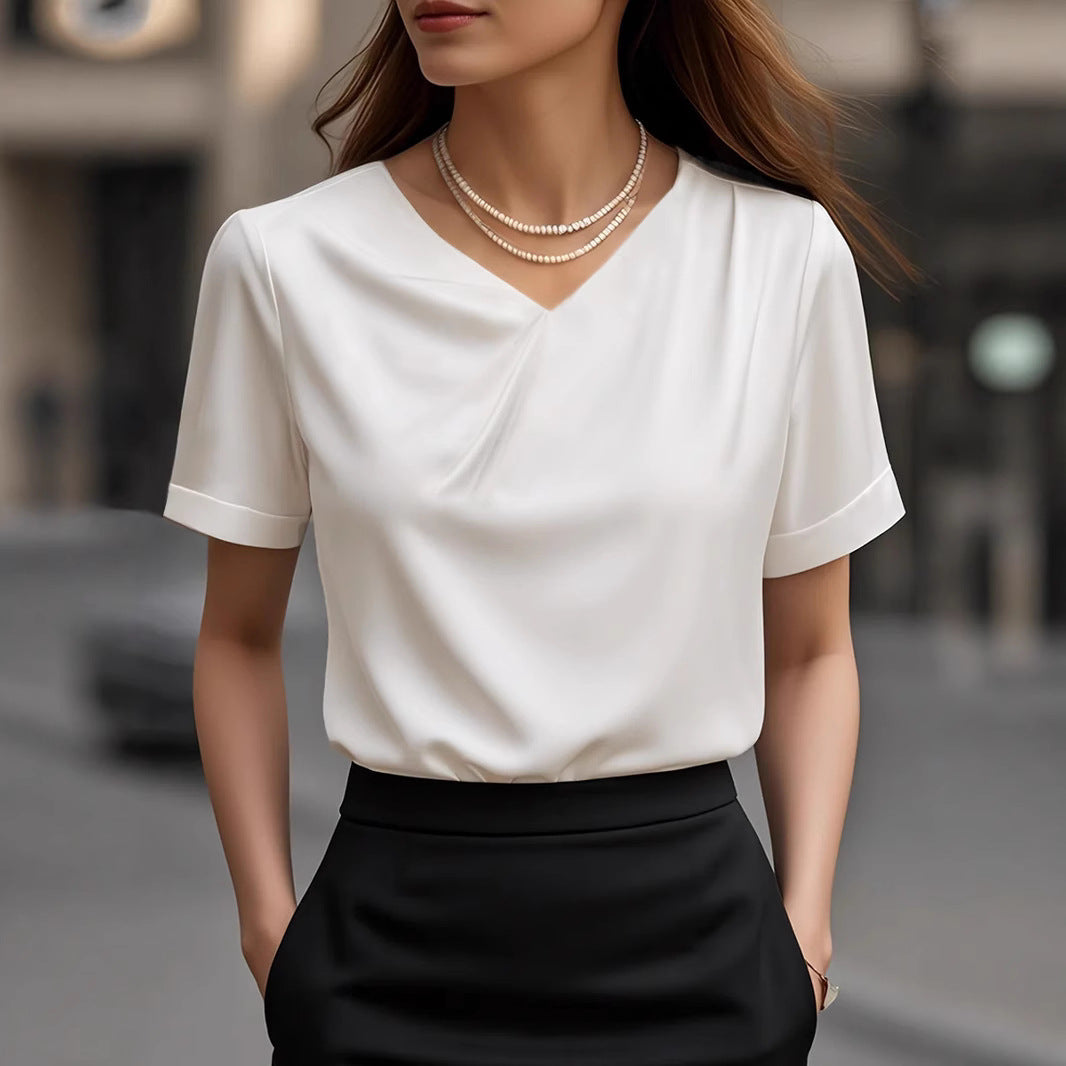 Women Elegant V Neck Blouse Shirt with Short Sleeve Design Mune Fashion