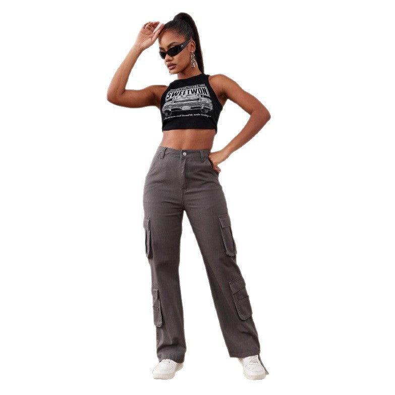 Women's Utility Cargo Pants with Wide Leg, Multiple Pockets and High Waist Fit Mune Fashion