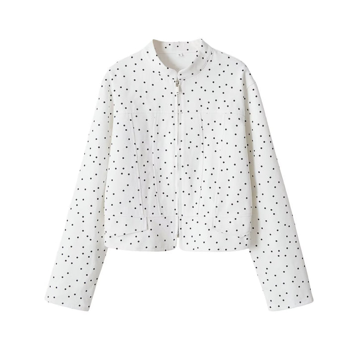 Women Polka Dot, Short-Cropped Bomber Jacket with Stand Collar and Zipper Mune Fashion
