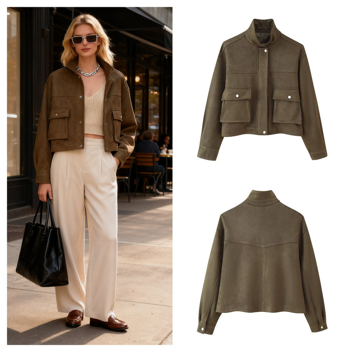 Women's short jacket in utility style made of suede look with stand-up collar and cargo flap pockets Mune Fashion