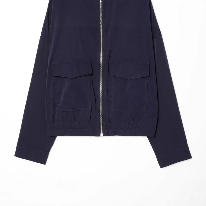 Women Cropped Bomber Jacket with Stand-up Collar, Full-Length Zipper and Applied Flap Pockets Mune Fashion