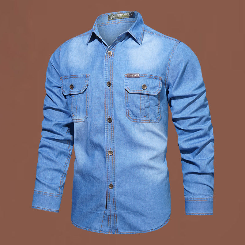 Men's robust stretch denim shirt with reinforced flap chest pockets and contrast stitching