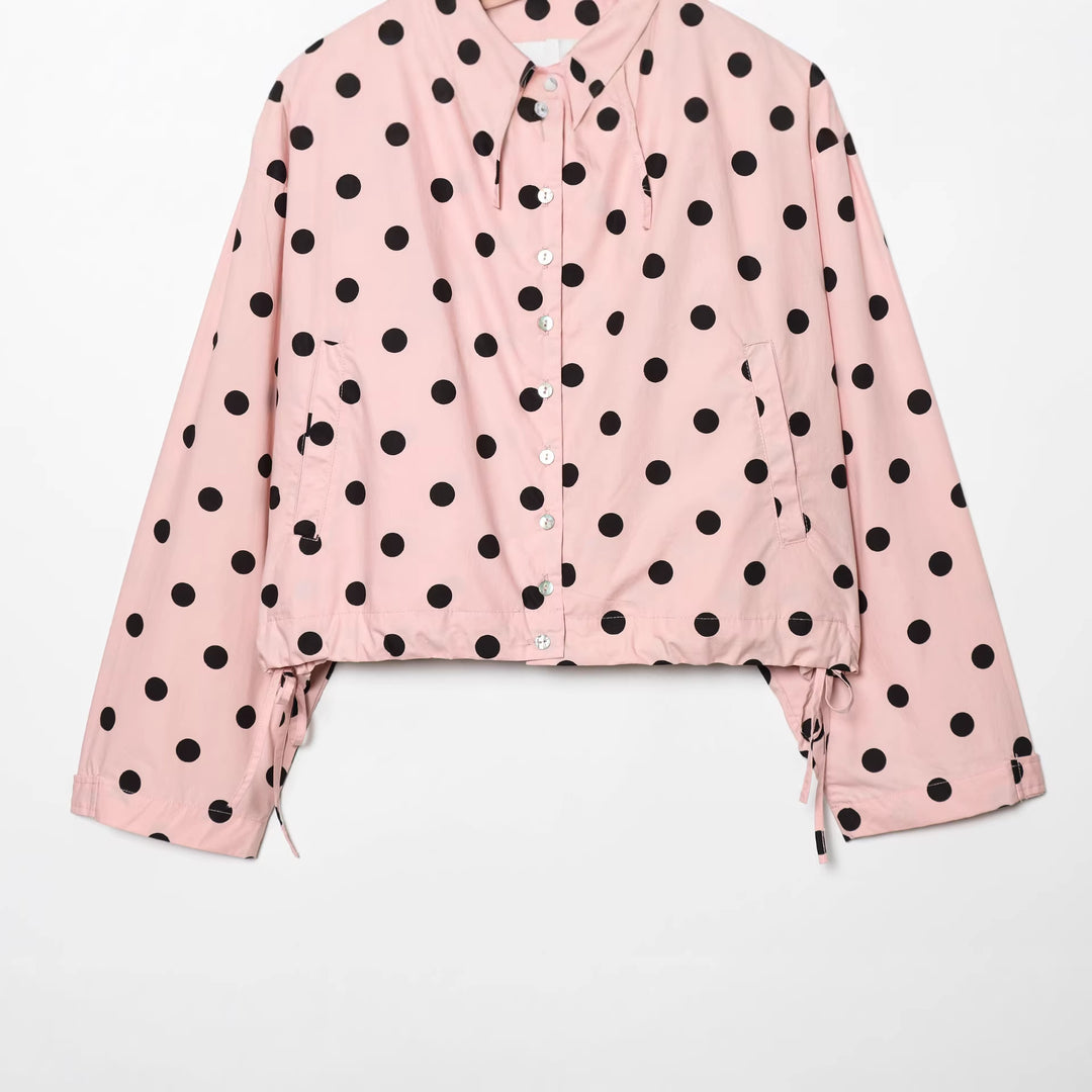 Women 70+ polka dot cropped transitional jacket with stand-up collar and drawstring Mune Fashion
